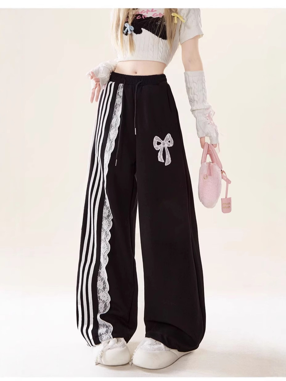 Lace Lace Black Sports Casual Pants Women's Autumn and Winter National Fashion Bow Embroidered Slim-Fit Hanging Sports Pants