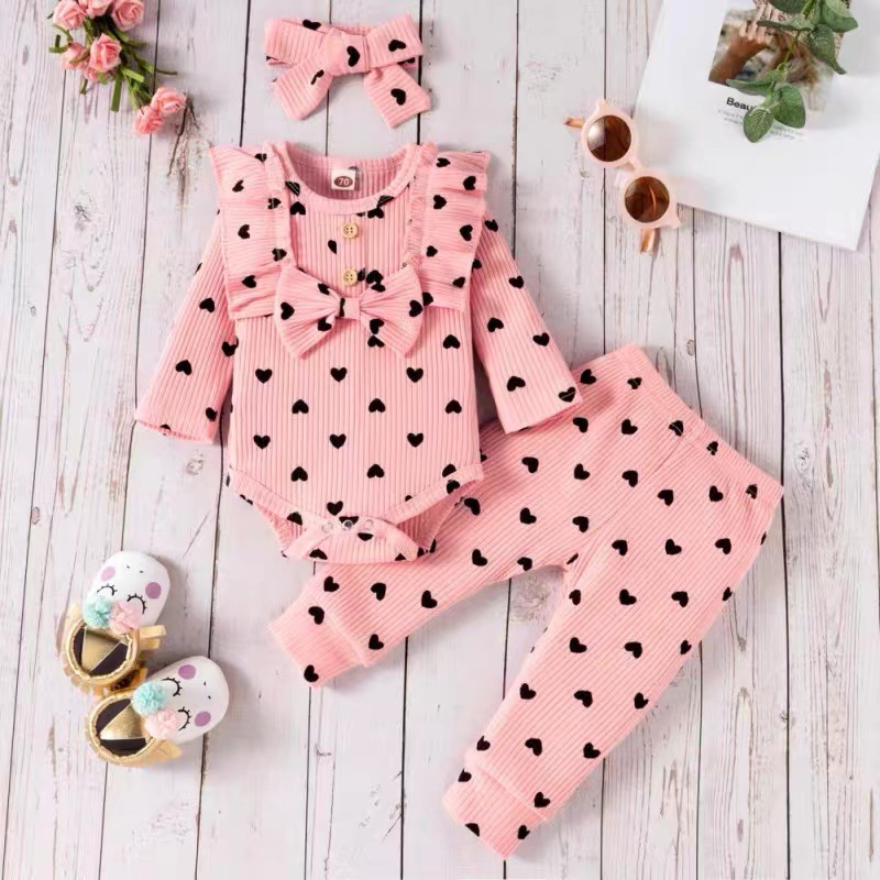 Picture of European and American Ins Export Spring & Fall Baby Girl Heart Long-Sleeved Harem + Pants + Hairband Headband Princess Three-Piece Suit