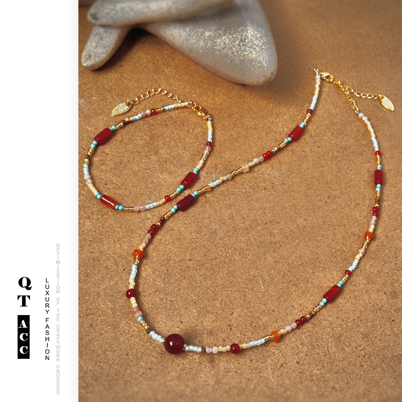 Guofeng New Chinese Style Jewelry Ancient Style Red Agate Turquoise Beaded Design Hanfu Accessories Necklace Bracelet suit Women