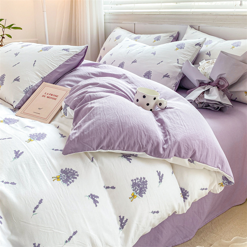 Picture of Small fresh class a 100 wash cotton four-piece set sanding cotton full quilt cover single bed hat student dormitory three or four-piece set