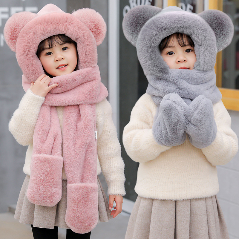 Picture of Children's hat winter boys and girls fleece-lined bear cute ear cap scarf gloves one-piece thick warm three-piece set
