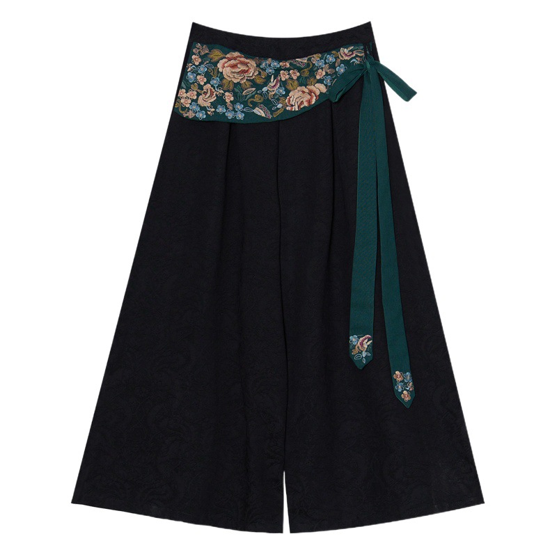 New Ethnic Style Women's Clothing with Contrasting Embroidered Ribbons, Versatile Elastic Waist, Wide Legs, Straight Casual Loose Retro Trousers