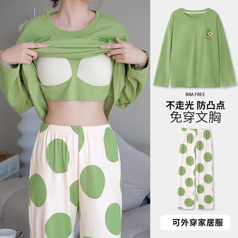 Spring and Autumn pajamas women's long-sleeved ins style cartoon sweet loose autumn and winter chest pad integrated plus size suit homewear