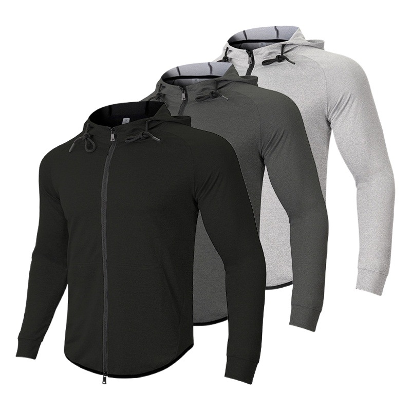Vertical Collar Sports Jacket Men's Autumn Outdoor Slim-fit Running Clothes Hooded Cardigan Sweater Stretch Black Fitness