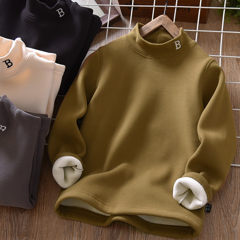 Picture of Boy's velvet autumn and winter half turtleneck warm clothes winter fleece-lined thickened medium and large children's solid color bottoming shirt boy
