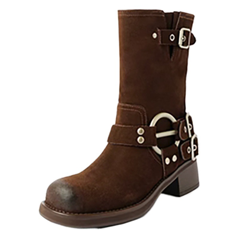 Samuel boots matted leather vintage western boots autumn and winter new thick heel polished color distressed mid-section boots knight boots martin boots