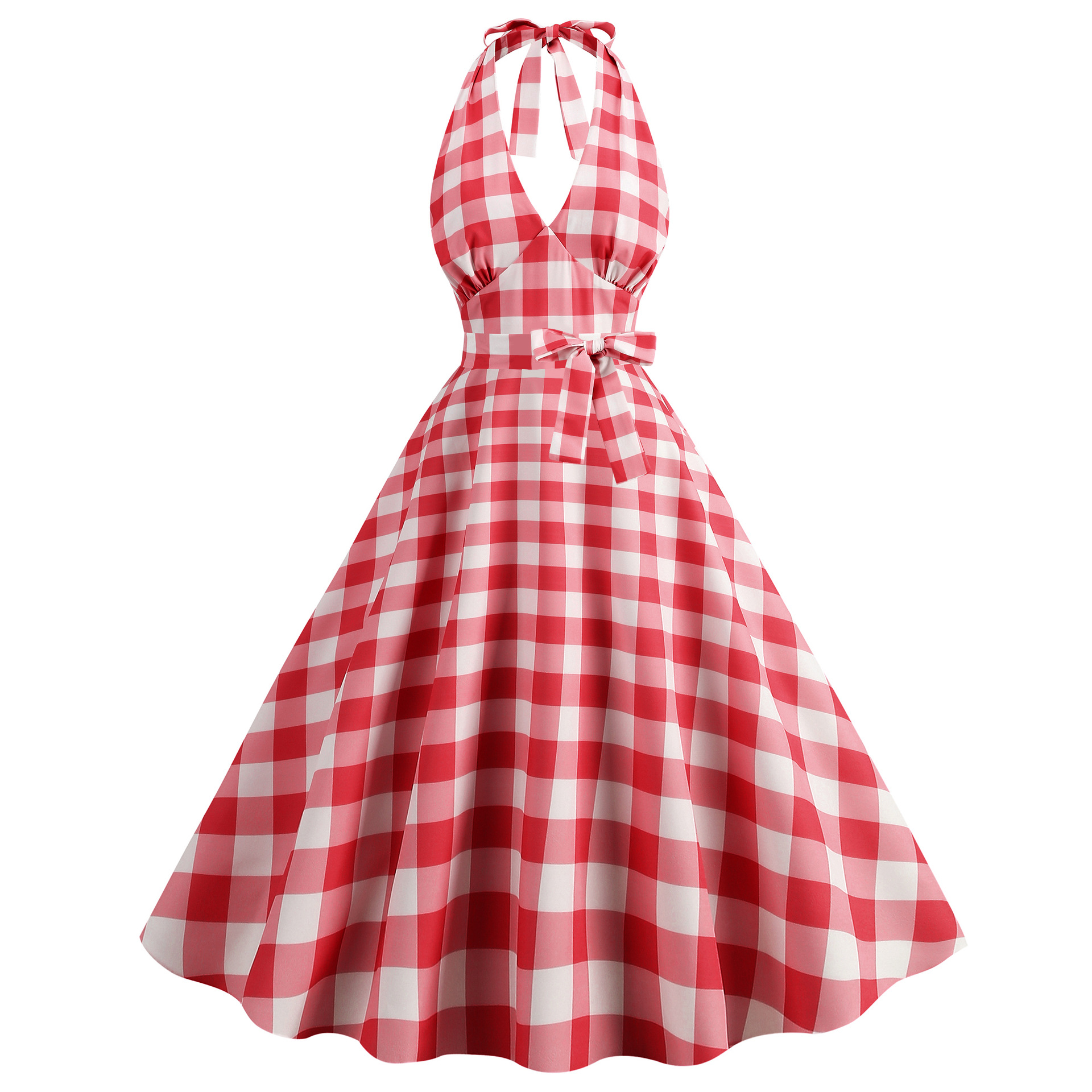 Hepburn style British style Barbie pink hot selling women's clothing 50S60S retro halter plaid printed large swing dress
