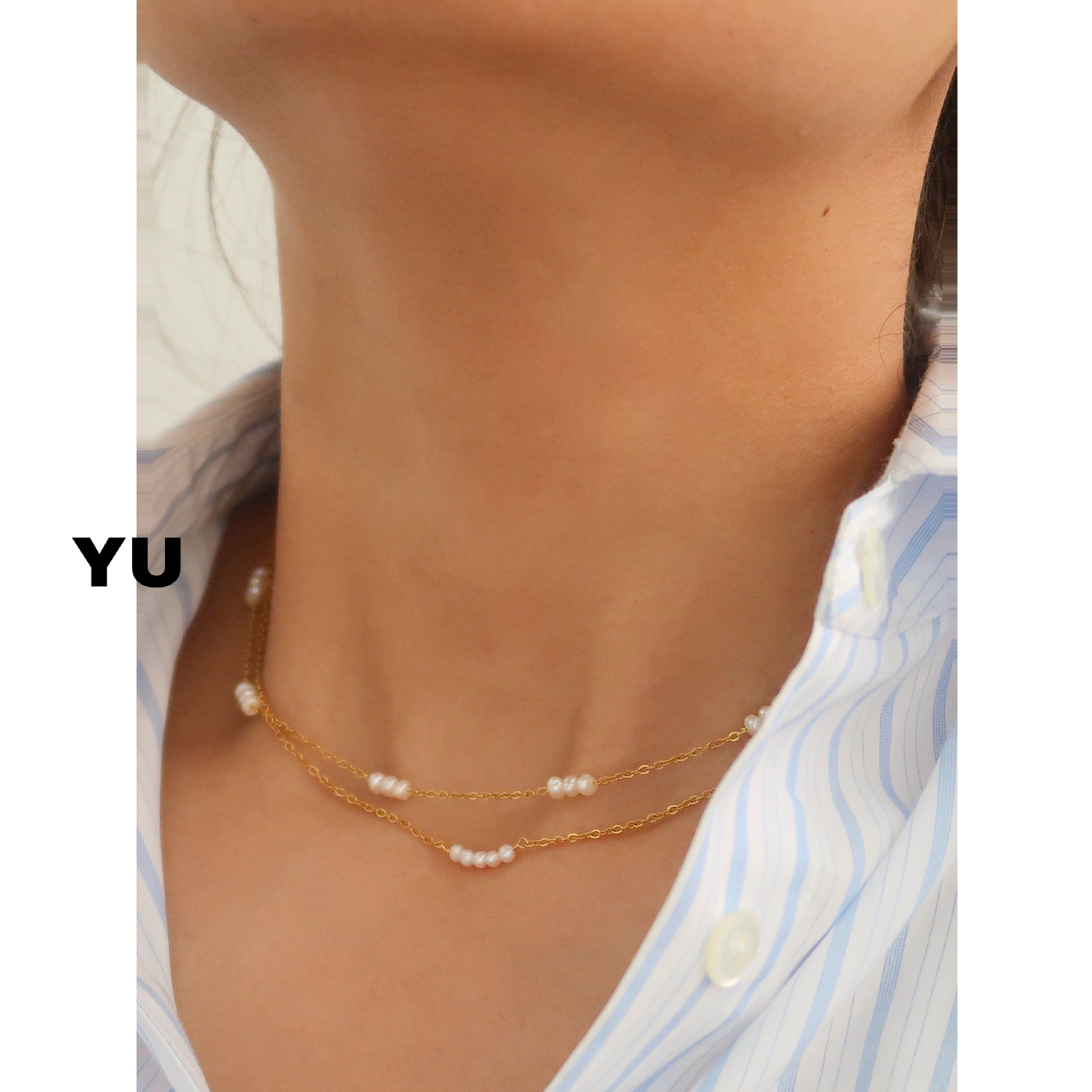 With Yu jewelry natural fresh water grain pearl clavicle chain necklace titanium steel European and American light luxury clavicle chain high-grade feeling