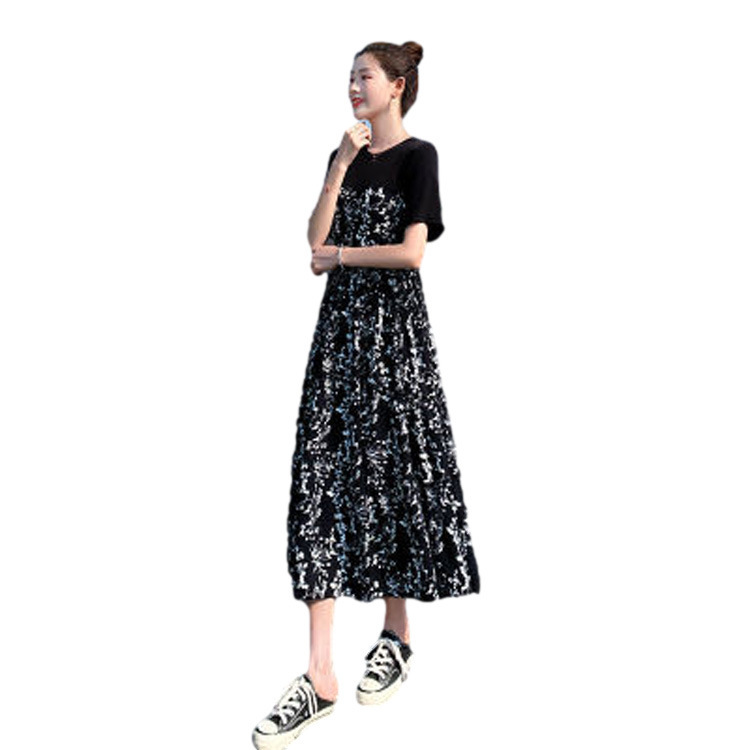 Picture of dress Women's 2025 Summer New Hepburn Style Mid-length Floral Dress Elegant High Waist Slimming Short-sleeved Long Dress
