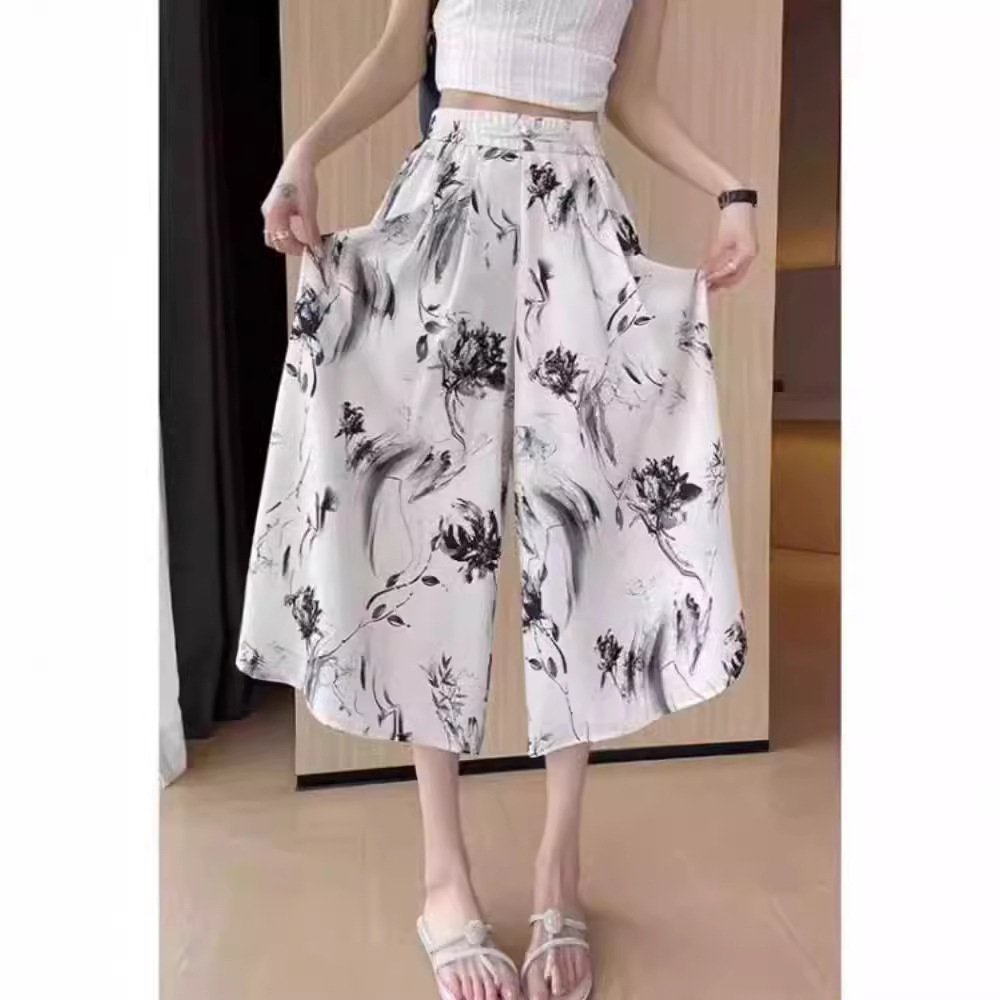 Guofeng Ink Ice Silk Culottes Summer Thin High Waist Loose Slimming Hanging Casual Wide Leg Pants Children Cool