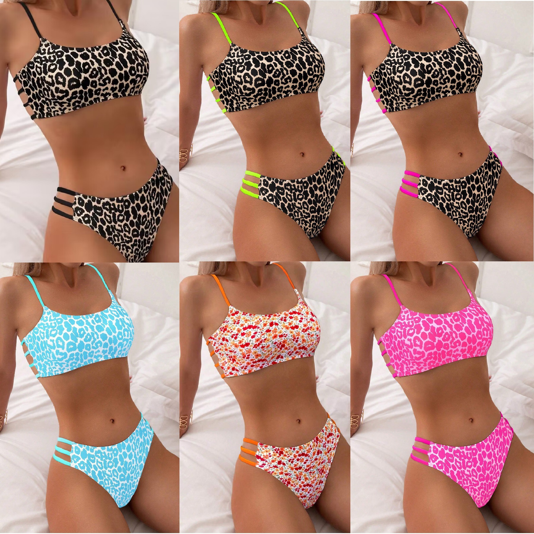 2025 cross-border new European and American bikini suit sexy leopard print multi-rope hollow out swimsuit bikini manufacturers wholesale