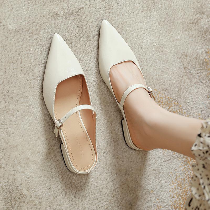 French Style Baotou Women's Summer New Fairy Pointed Low Heeled Sandals Comfortable Simple Flat Heeled Mueller Shoes