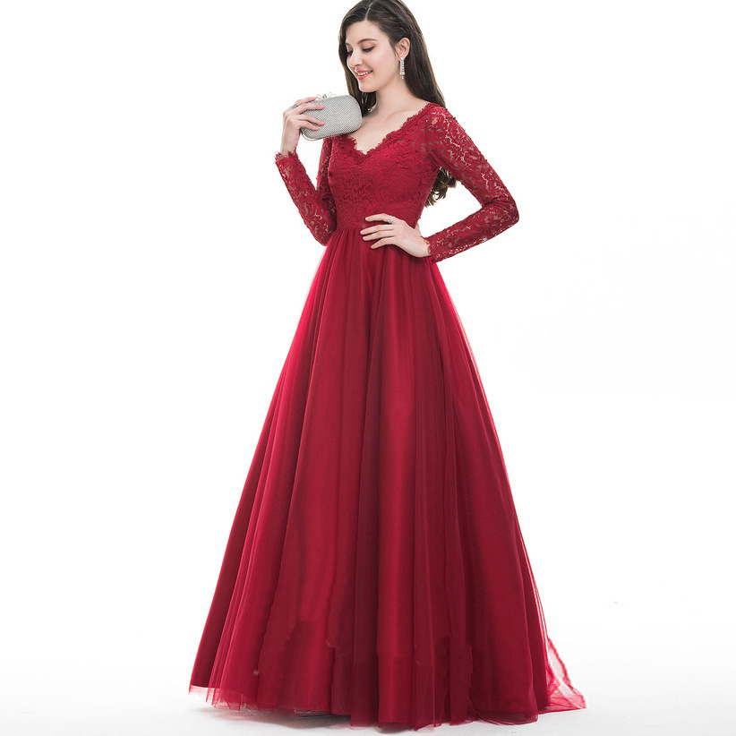 Evening Host Red Formal Dres Mesh Lace Red Wedding Dress Host Long Skirt