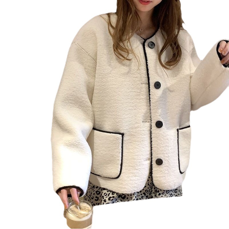Elegant color matching lambswool coat women's Korean-style loose bright line winter round neck button cardigan pocket long sleeve top