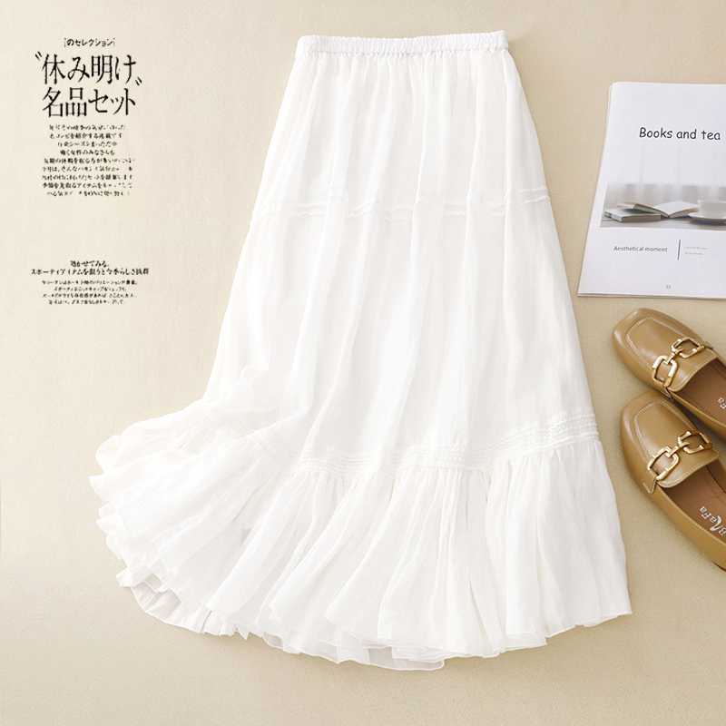 Real Shot of 2024 New Summer Style Literary and Simple Ramie Splicing A-Line Mid-Length Cake Double-Layer Skirt White Skirt