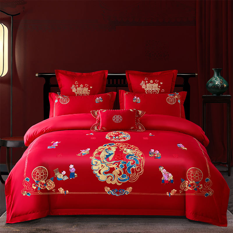 Picture of Wedding Four-Piece Set Embroidered Wedding Pure Cotton Bright Red Wedding Room Embroidered Bedding Quilt Bedding