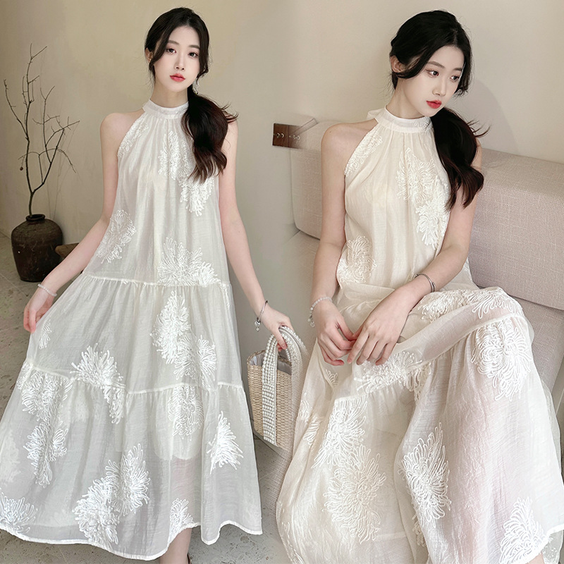French retro ink painting halter dress summer loose slimming sleeveless fairy holiday long skirt