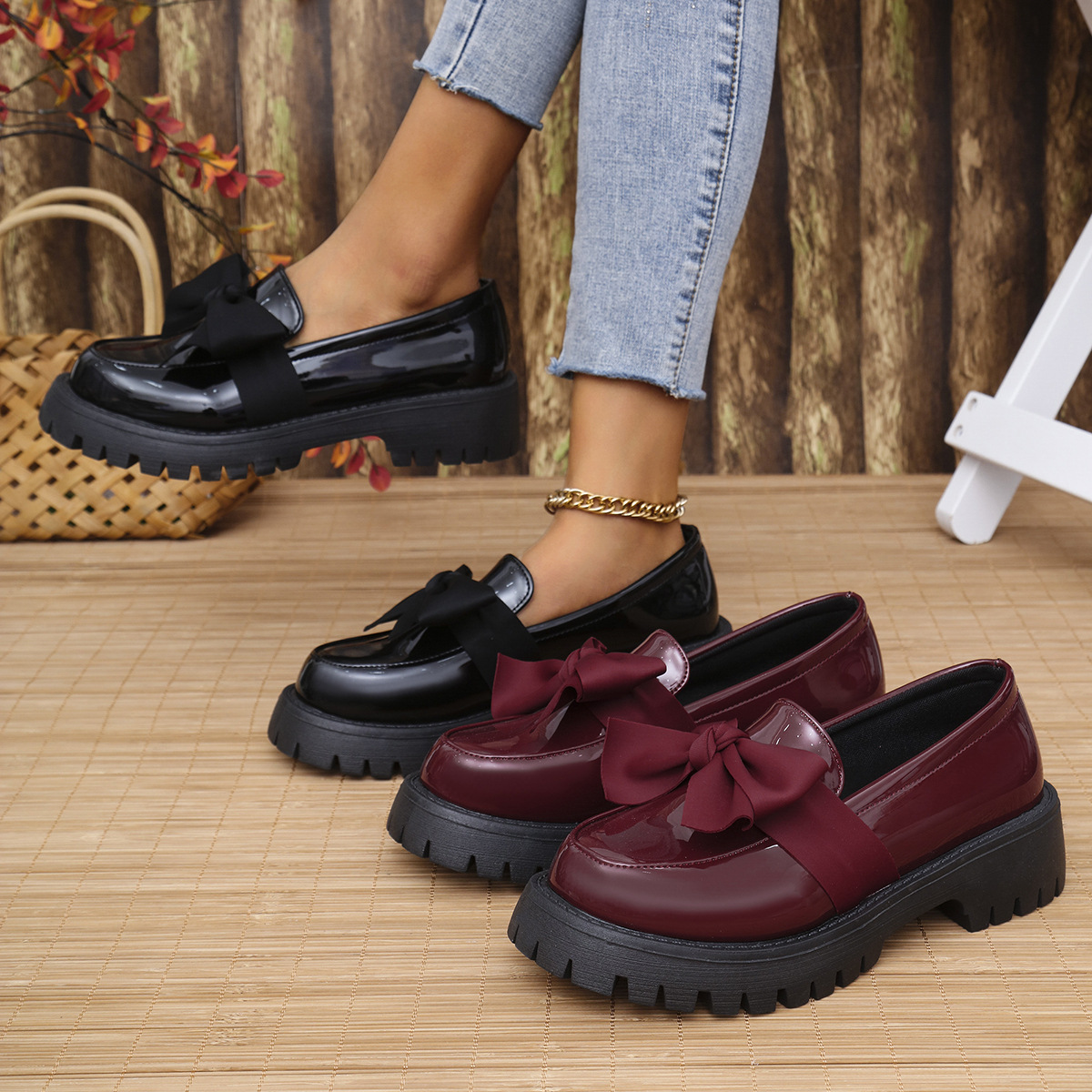 Cross-border plus size Bow Loafers Women's Spring and Autumn New Thick-soled Mid-heel Lazy British-style Retro Small Leather Shoes
