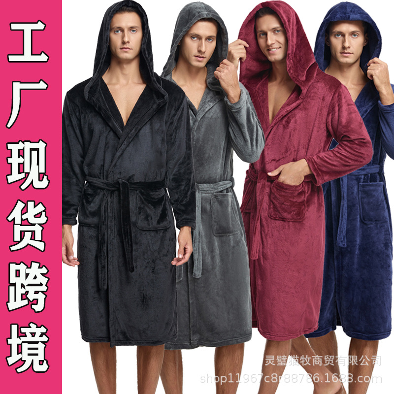 Hooded Nightgown Home Clothing Coral Fleece Hooded Nightgown Bathrobe Extra Long Flannel Cross-Border Couple Nightgown