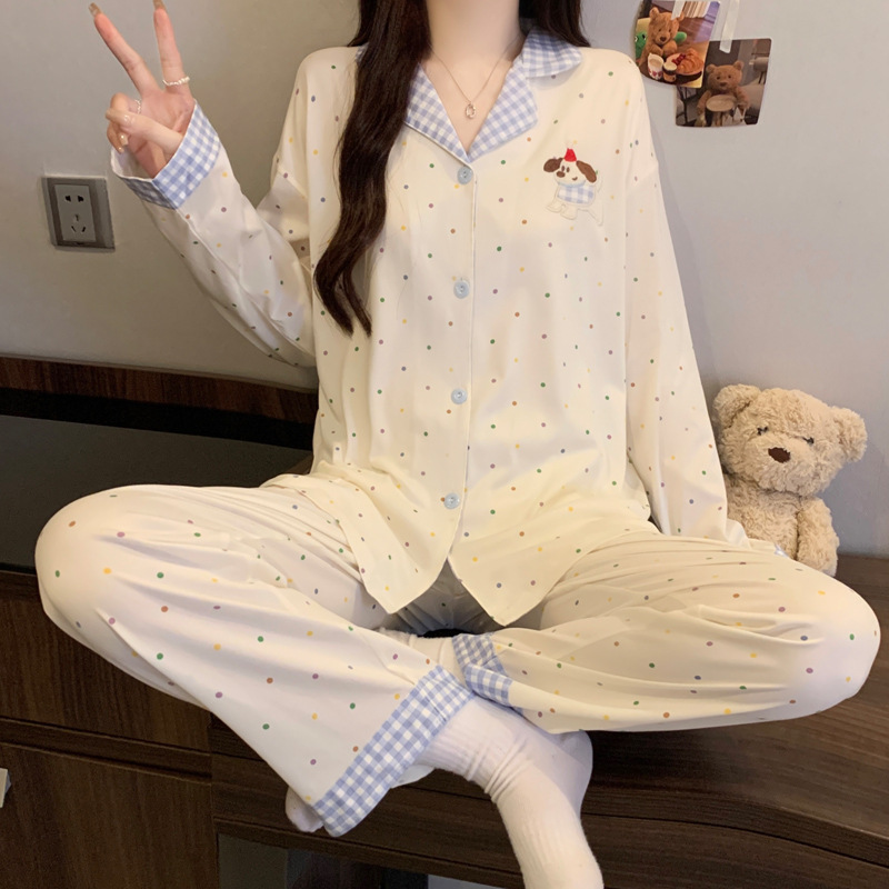 Japanese Sweet Cartoon Cute Cat Striped Pajamas Women's Long-Sleeved Trousers Autumn Suit New Home Clothes Wholesale