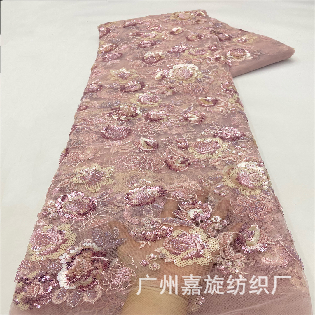 Picture of New Heavy Industry Handmade Bead Embroidery Cloth Ghana Zhongfeng Wedding Dress Bead Tube Embroidery Lace Embroidery Mesh Fabric