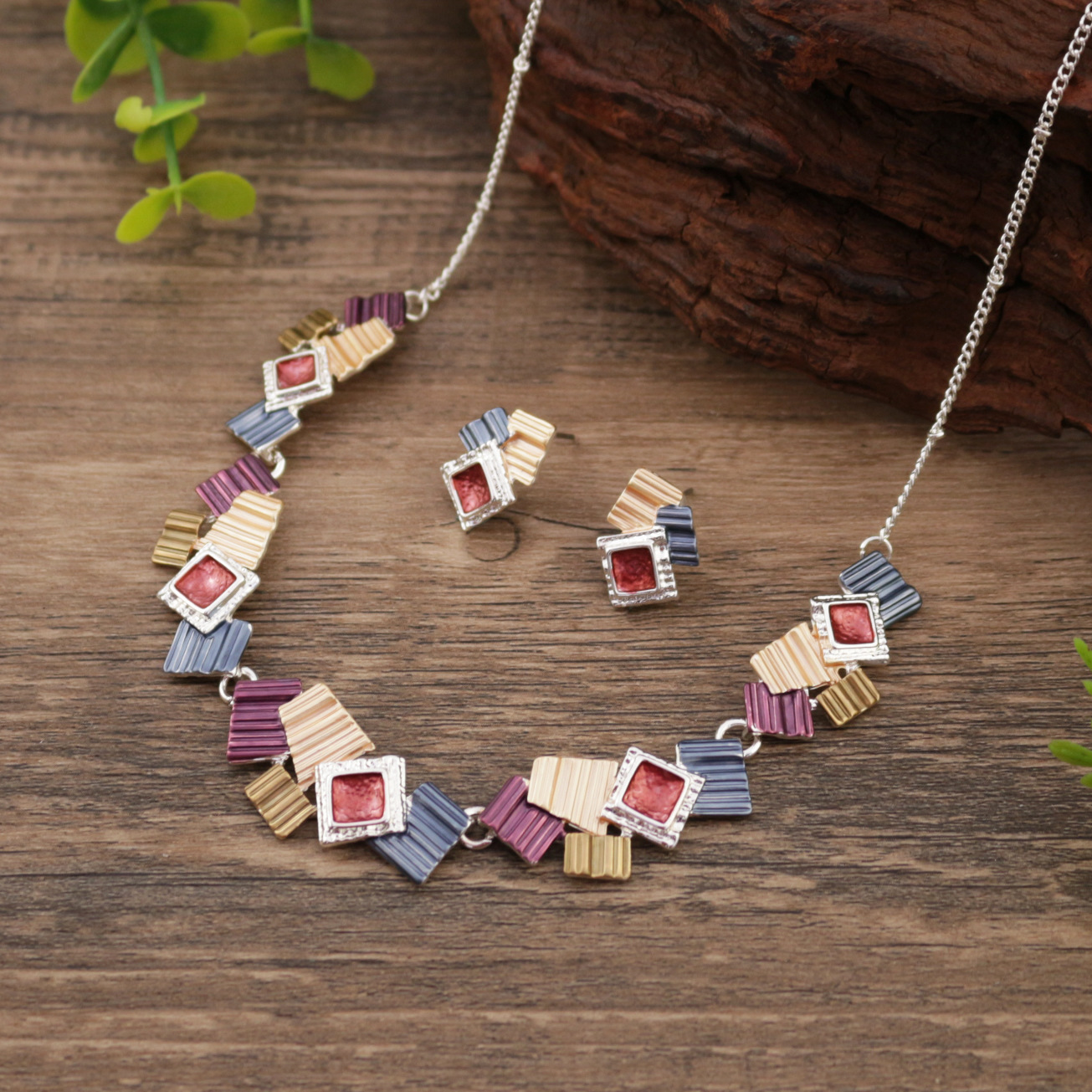 Picture of Cross-border New Color Painting Oil Geometric Square Earrings Necklace suit Creative Personality Ladies Square Necklace
