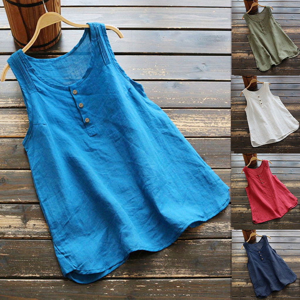 Cross-border European and American Women's Plus Size Cotton and Linen Sleeveless Solid Color Vest Top