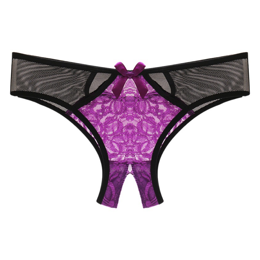 Sexy Lace Opening Hollow-out Briefs Japanese Style Temptation Low Waist Open Crotch Thong Transparent Color Block Mesh T-pants