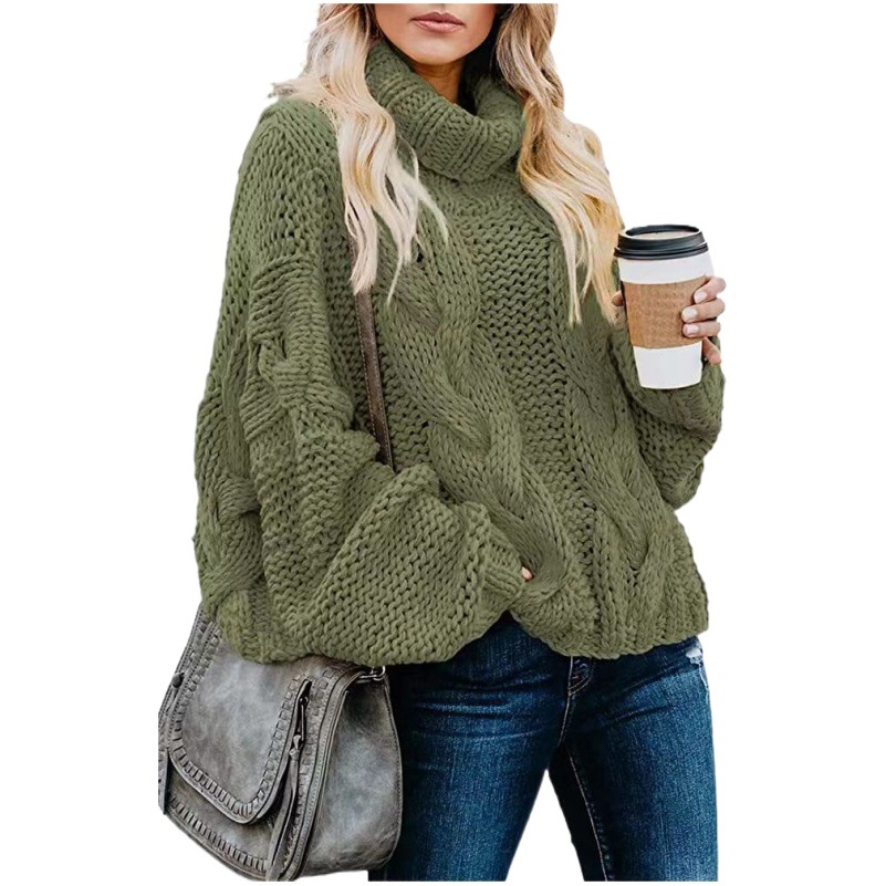 2025 New Cross-Border Amazon European and American Export Autumn and Winter Women's Lazy Style Pure Color Twist Loose Turtleneck Sweater