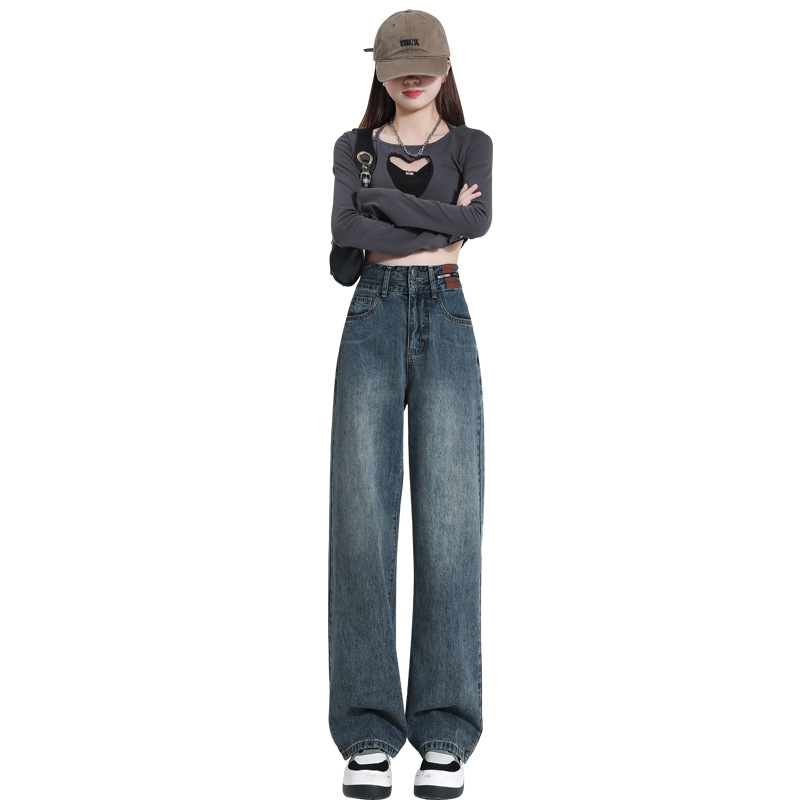 Picture of High Waist Wide-leg Pants Fleece-lined Jeans Women's Spring and Autumn 2023 New Style Small Straight-leg Pants Loose Pants Winter