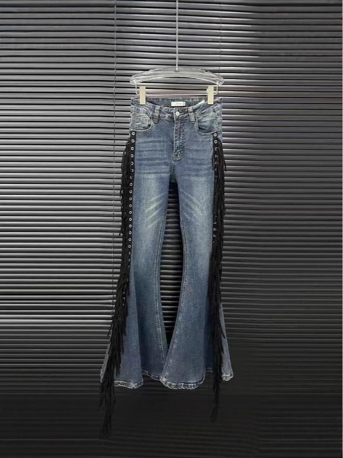 Unique Design Irregular Women's Tassel Design Flared Jeans Niche Fashion Retro Casual Long Pants