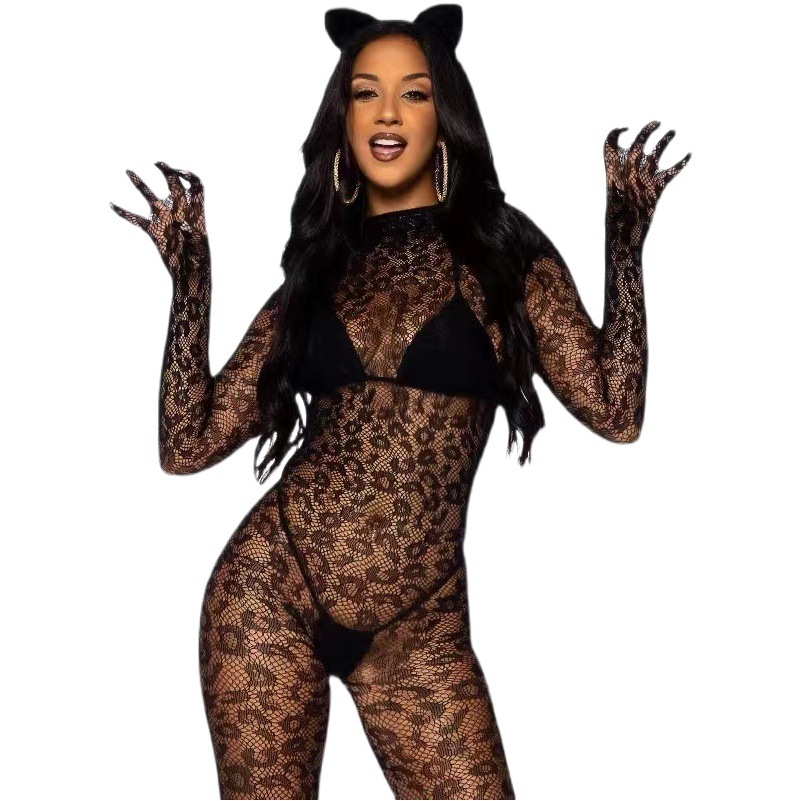 Sexy lingerie European and American cross-border sexy long-sleeved one-piece mesh stockings mesh closed crotch perspective w636