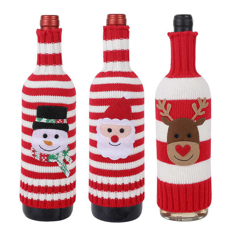 Picture of New Christmas Decorations Wool Acrylic Knitted Stripesd Wine Bottle Set Elk Snowman Red Wine Champagne Bottle Set