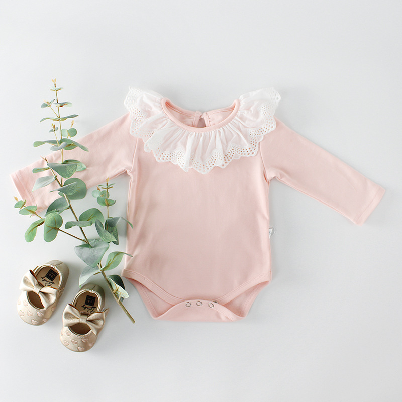 Picture of Ins 2025 Spring New Product Girls Baby Lace Collar Bag Fart Baby Cotton Long-Sleeved One-Piece Rompers