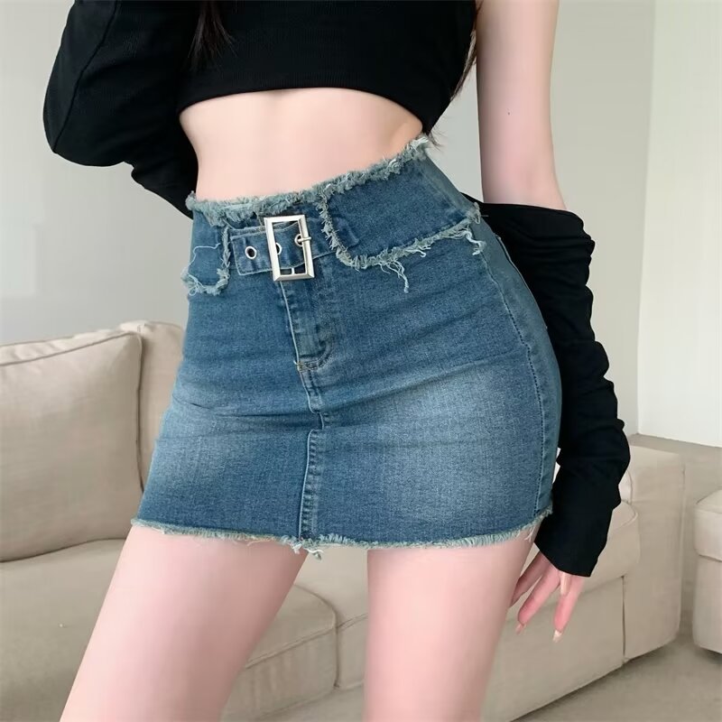American-Style Denim Raw Edge Lining Short Skirt for Women, Summer Thin Hip-Hugging Short High-Waisted Versatile Skirt, High-Waisted and Slimming