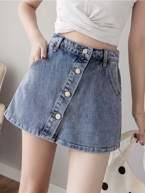 Korean-Style Casual Denim Skirt for Women, Summer High-Waisted Button-Up A-Line Short Skirt Pants, Elegant and Stylish