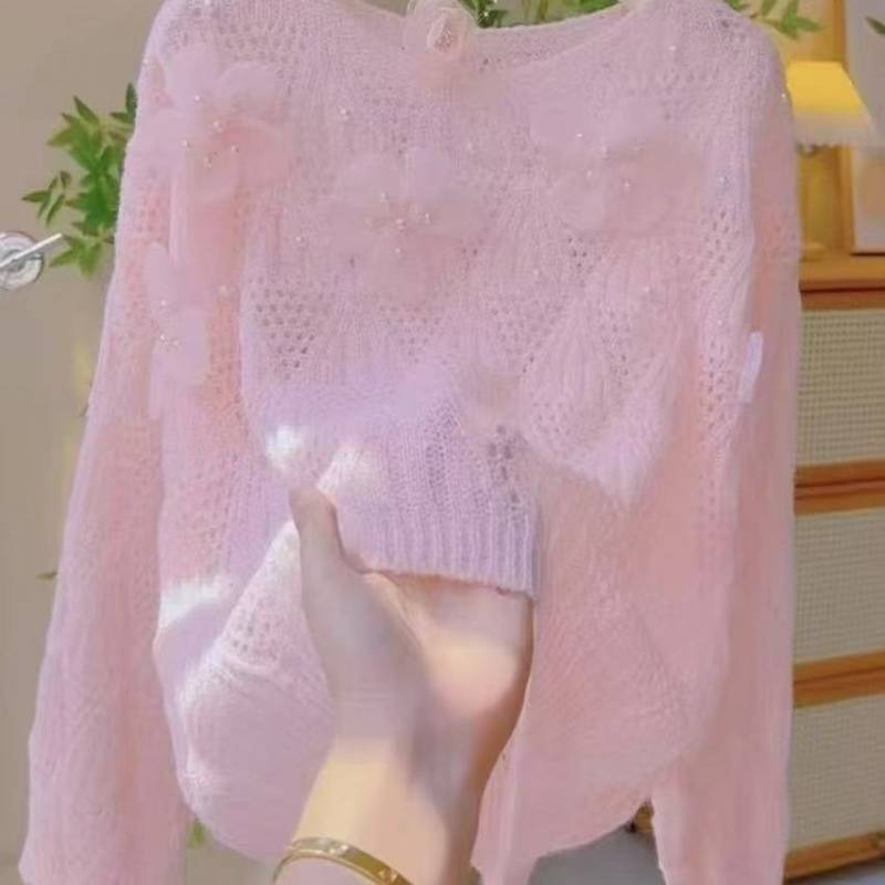 Picture of Lazy Heavy-Duty Sweet Three-Dimensional Loose Floral Beaded Hollow Knit Sweater 2025 New Sweater Top