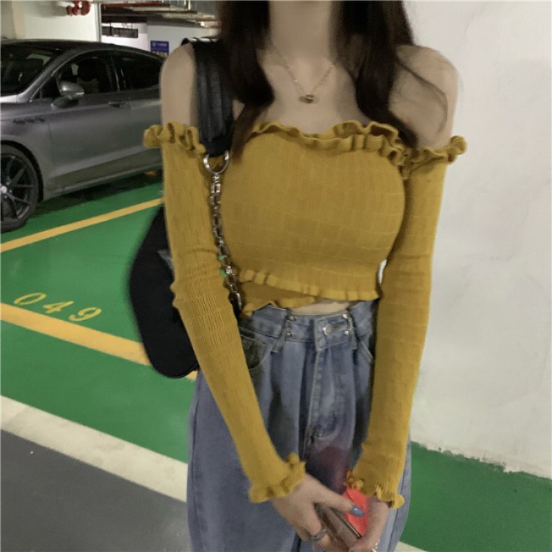 Picture of Early Autumn One-Shoulder Solid Color Stripesd Fungus Lace Discreet Off-Shoulder Knitted Top Mother's Knitted Style