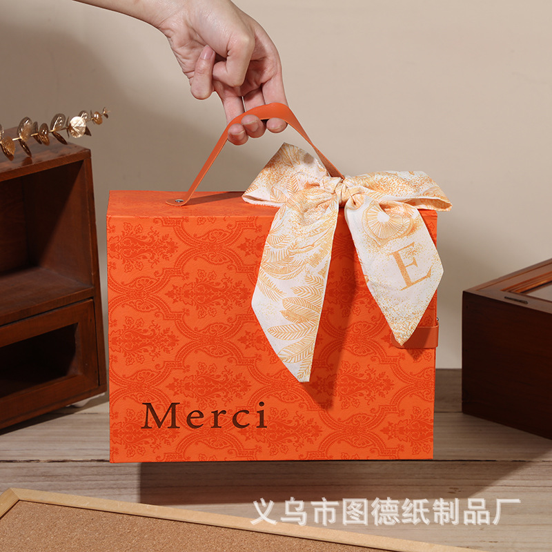 Ready-Made Gift Box with Bow, Souvenir Gift Box, Skin Care Product Packaging Box, Orange Leather Handle Box, Large Drawer Box