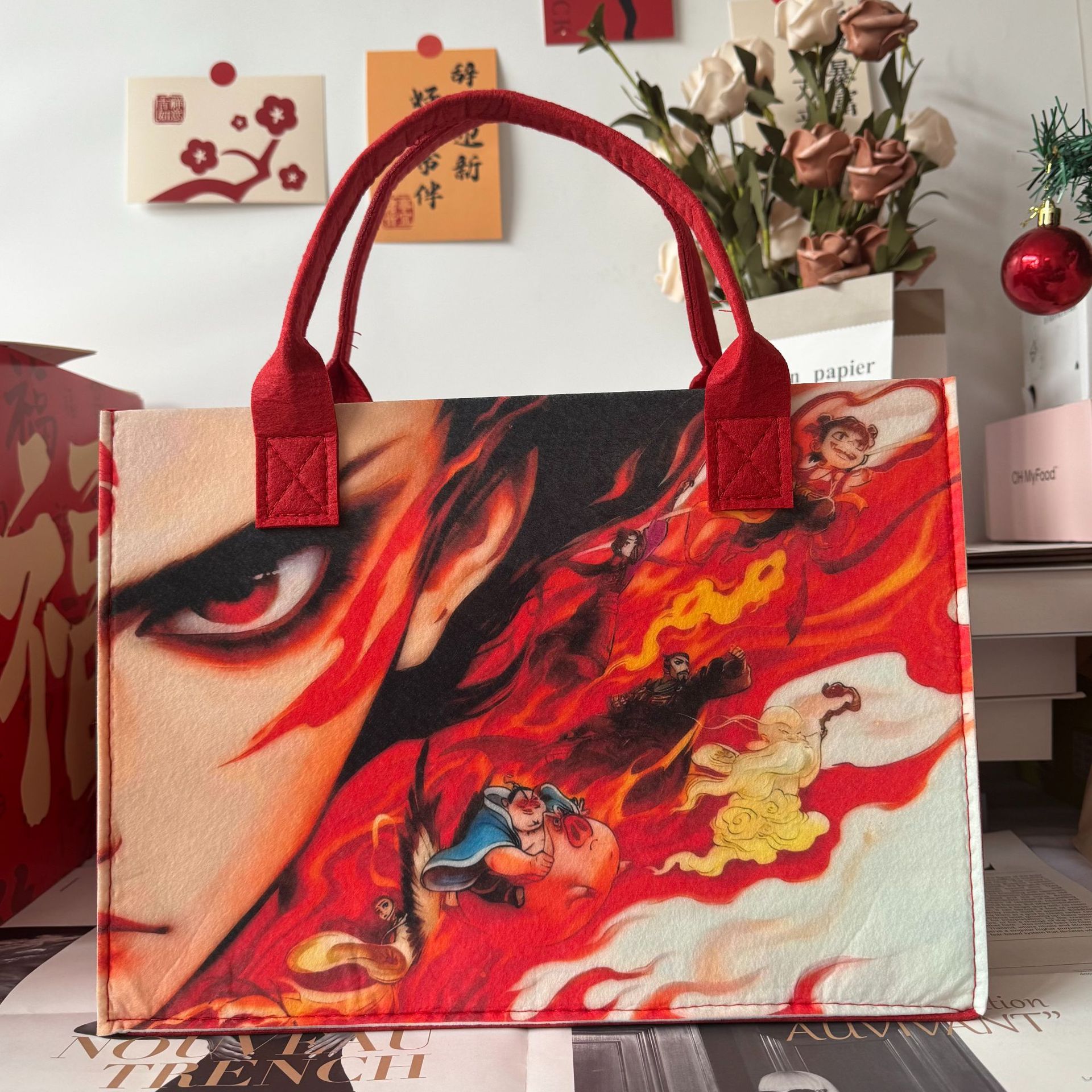 Picture of Nezha Handbag, the Devil Child Causing Chaos in the Sea, Tote Bag, Shoulder Bag, Student Backpack, Felt Bag, Chinese Style, National Trend