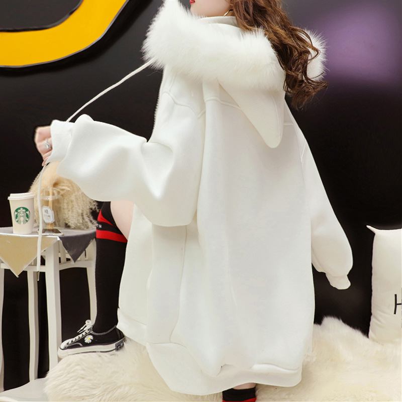 Picture of Mid-length Fleece-lined Jacket Women's Loose Korean-style All-match Solid Color Fur Collar Hooded Cardigan Women's Thickened Trendy Sweater
