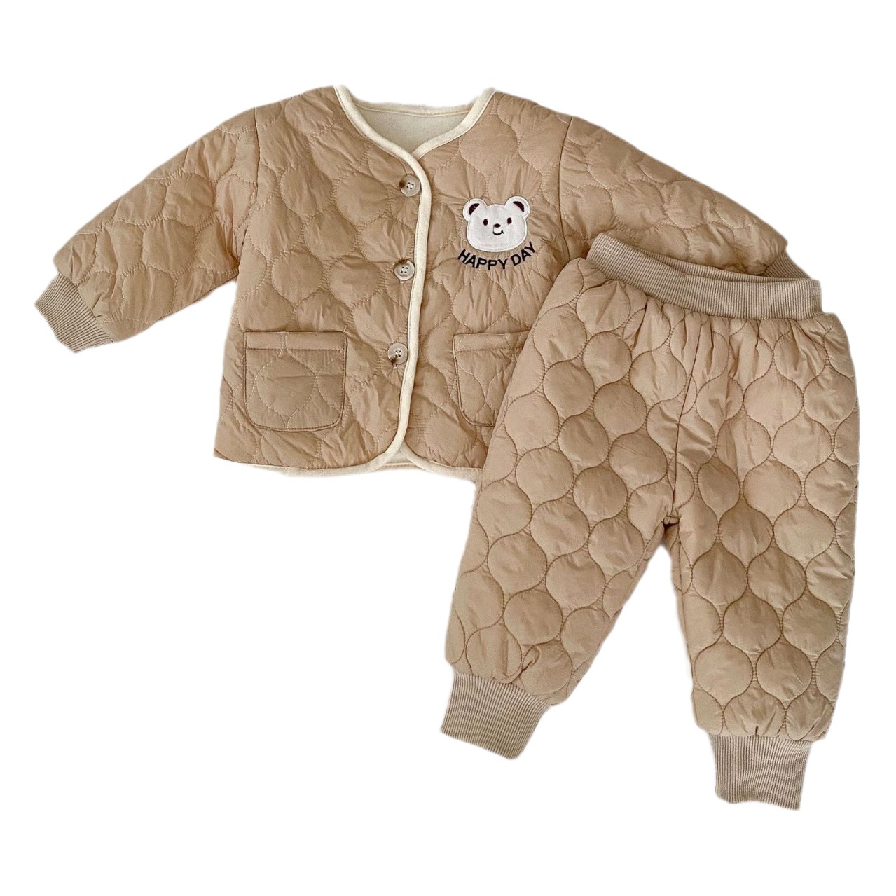 2025 Winter Infant and Toddler Quilted Set Super Cute Baby Bear Cotton Jacket and Warm Cotton Pants Two-Piece Outfit for Going Out