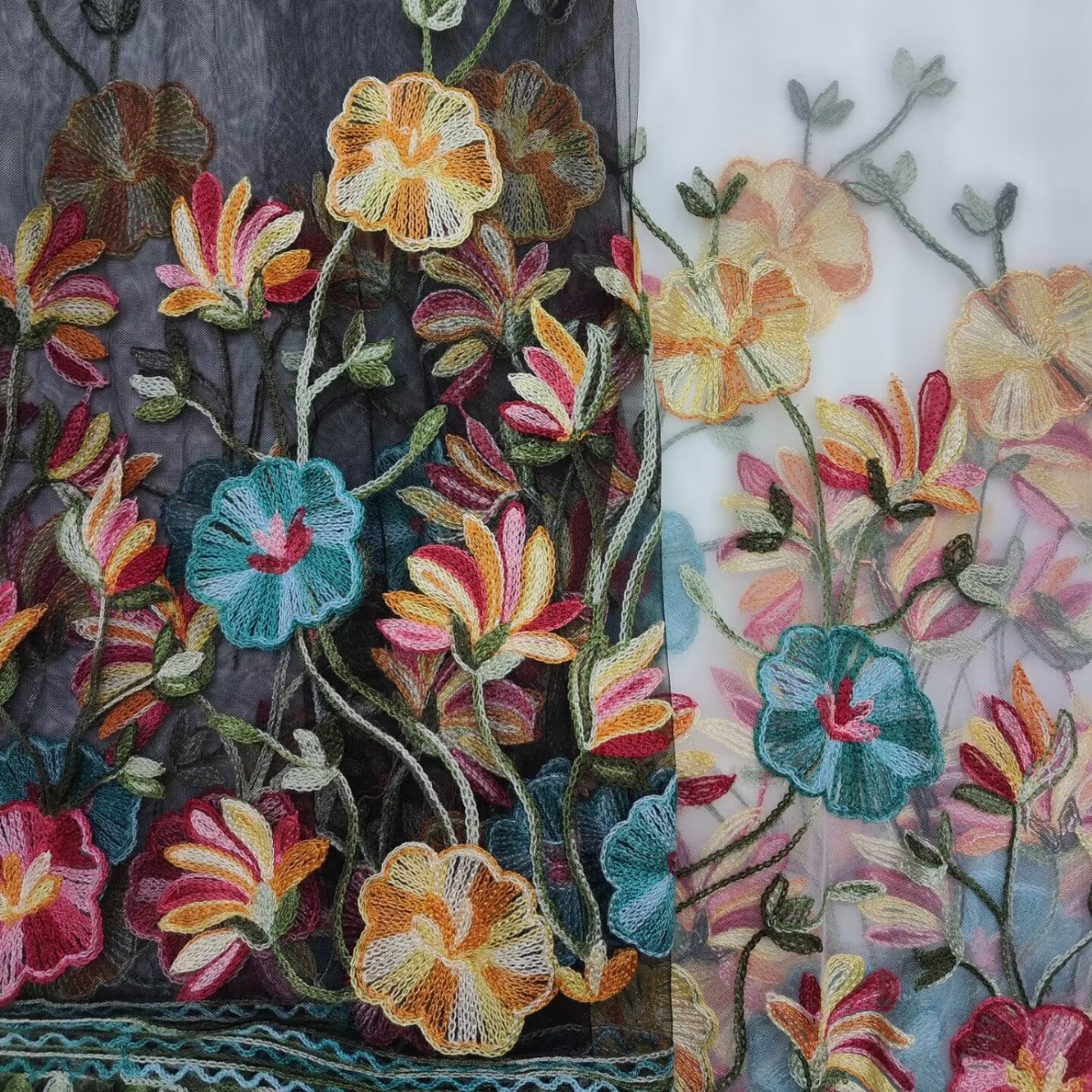 Multicolored towels, floral and grass mesh gauze base embroidery, ancient-style symmetrical embroidery lace, Hanfu wide-sleeve dress fabric, ethnic fabric