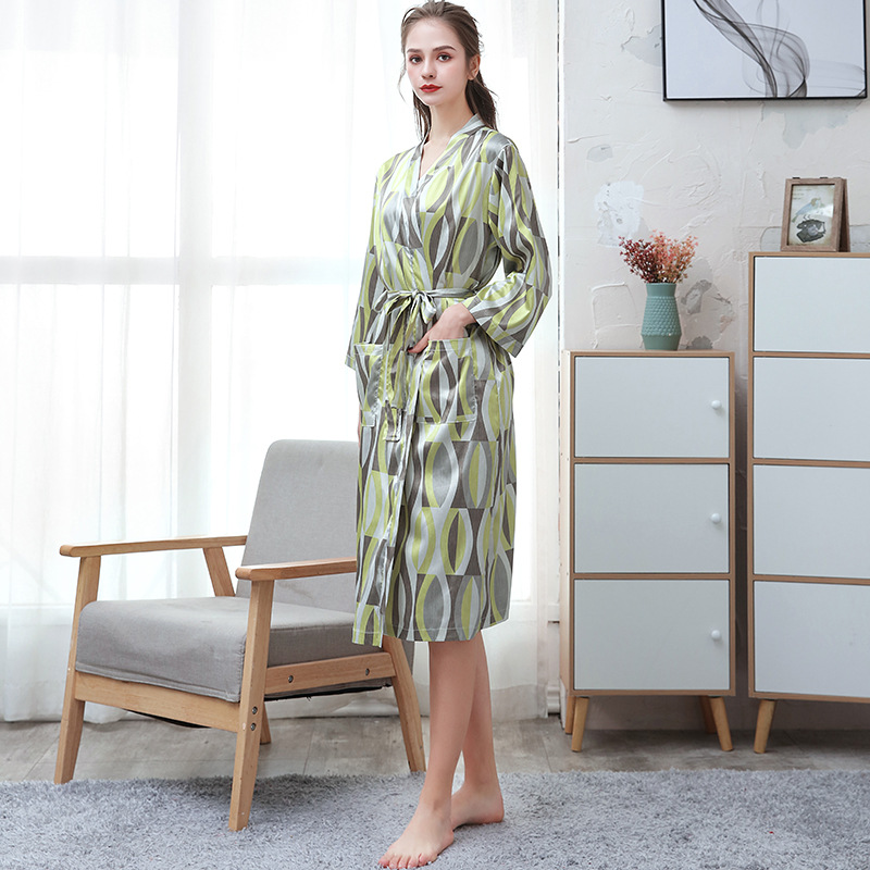 Picture of Couple ice silk bathrobe women's summer thin digital printing artificial silk nightgown men's plus size pajamas spring and autumn