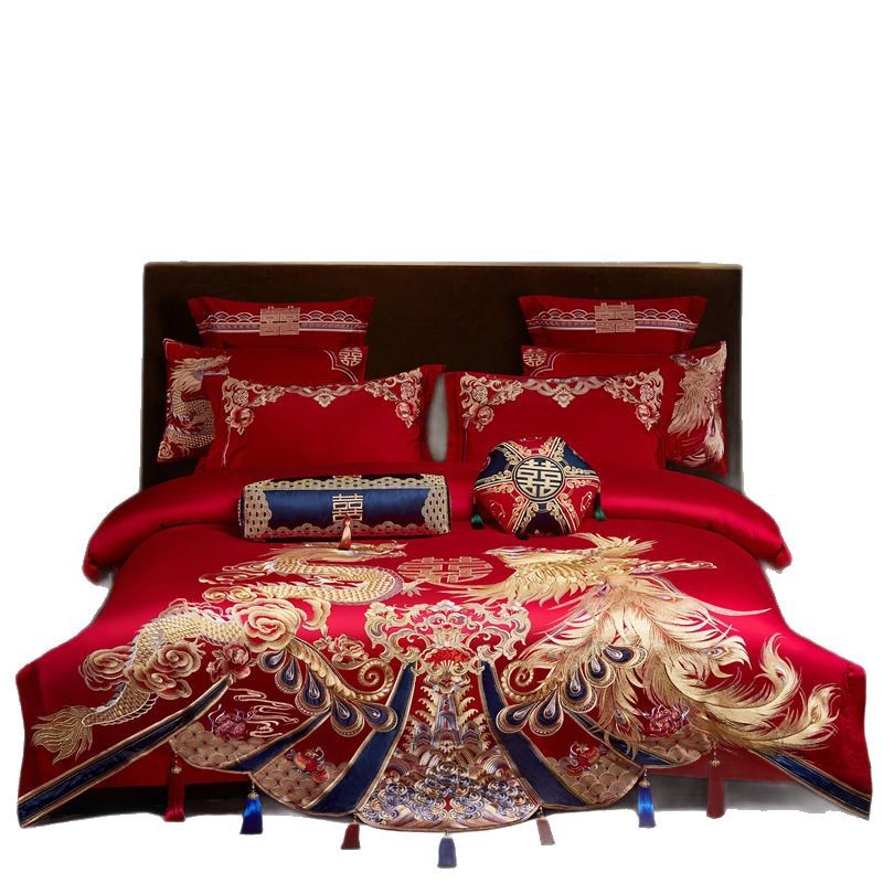 Picture of High-end wedding 160 long-staple cotton embroidery wedding four-piece cotton satin red six-piece/ten-piece set