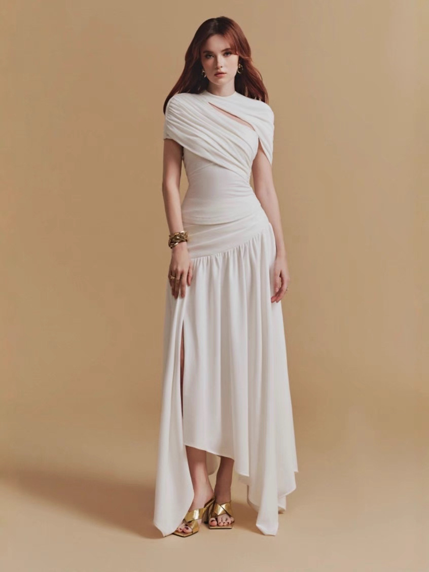 Spot Vietnamese Niche High-End Elegant Holiday Style Dress Pleated Top Asymmetrical Two-Piece Skirt
