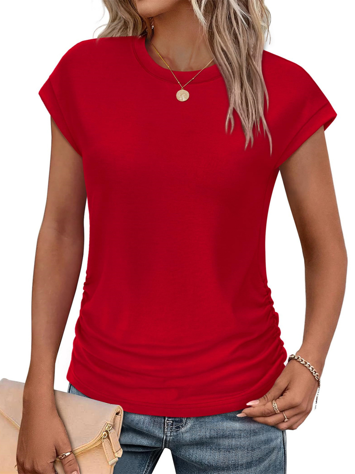2025 Europe and the United States cross-border Amazon women's top fashion pleated hat sleeve round neck short sleeve T-shirt solid color foreign trade women