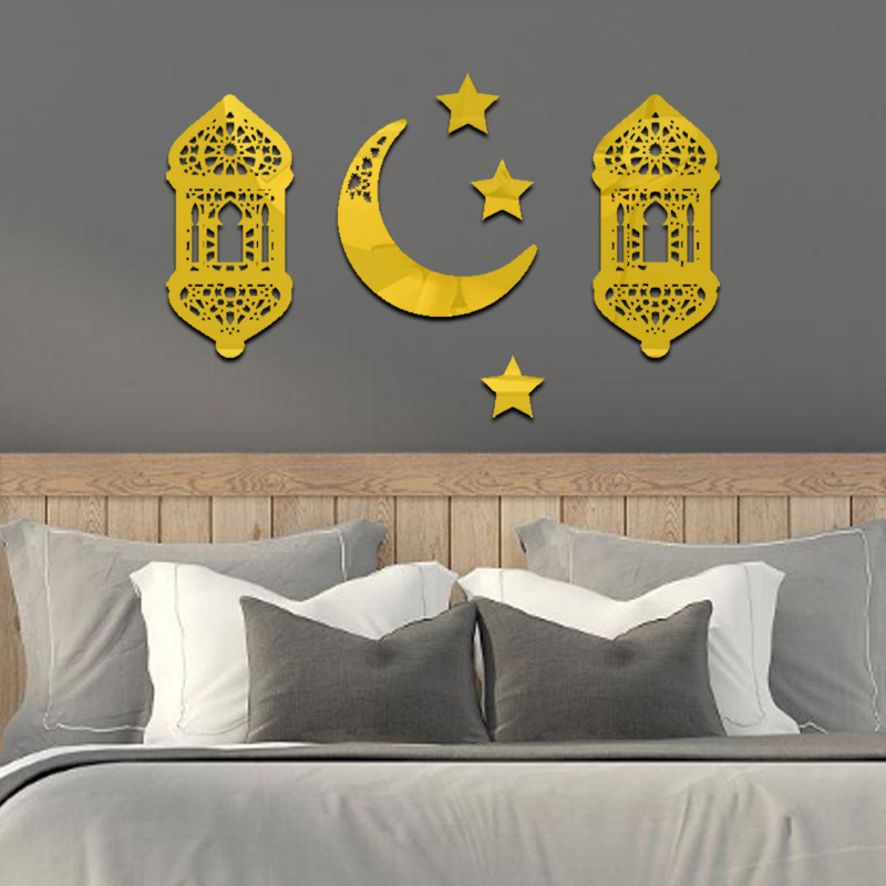 Cross-border hot sale acrylic three-dimensional double lamp Moon Mirror decorative wall stickers set decoration living room bedroom background wall