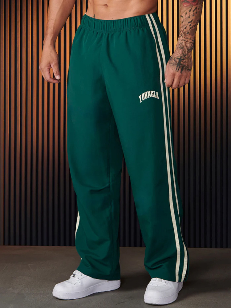 YOUNGLA Men's Sports Pants Double Patchwork Printed Casual Pants Gym Sports Fitness Mid-Waist Straight Pants