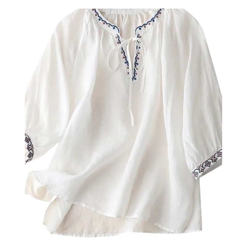 Literary Classical 2023 Cotton and Linen Embroidered V-neck Lace-up Seven-sleeve T-shirt Women's T-shirt Loose Summer New Women's Top